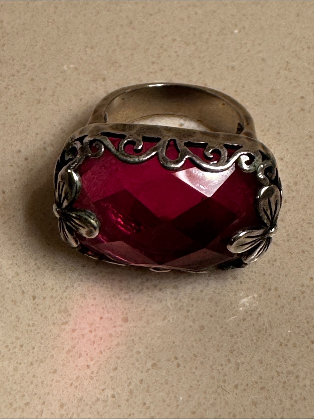 Silpada 925 Sterling Silver Floral Accent Ring with Deep Pink Red Faceted Stone